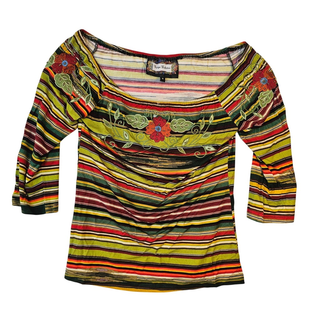 Vintage Collection Striped Floral Embroidered Beaded 3/4 Sleeve Top Medium